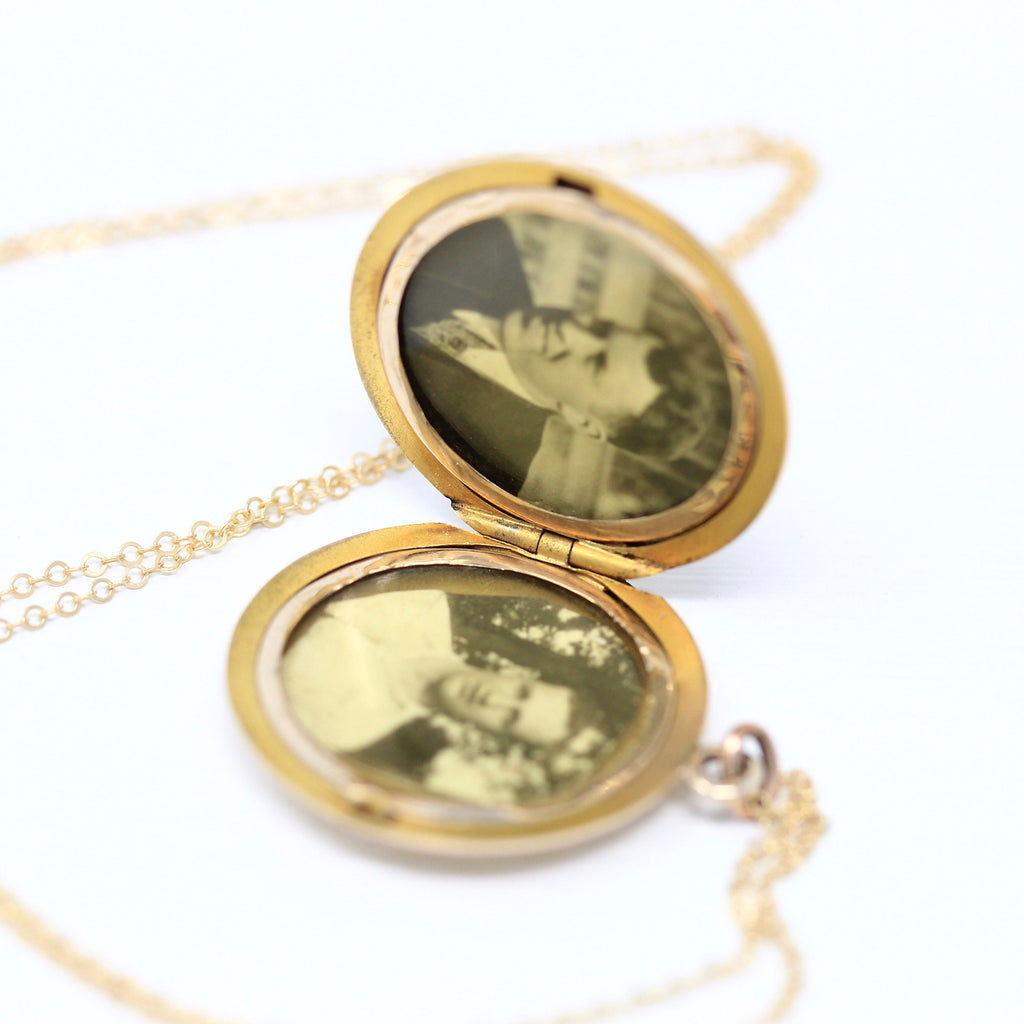Sale - Dated 1912 Locket - Edwardian 10k Yellow Gold Engraved Letters Necklace Pendant - Antique Monogrammed Photographs Keepsake Jewelry