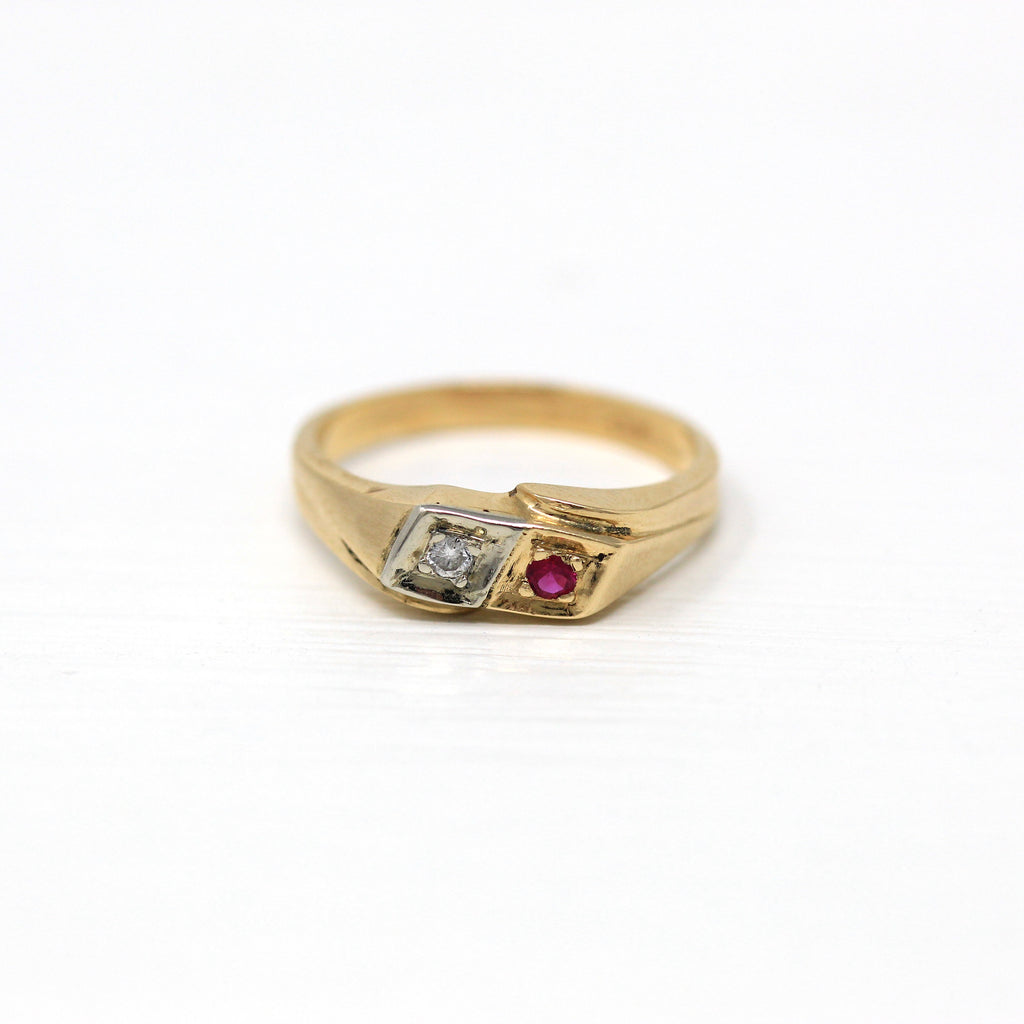 Vintage Toi Et Moi Ring - Retro Era 14k Yellow Gold Genuine Diamond & Red Created Ruby - Circa 1940s Size 4.75 Pinky Petite Fine Jewelry