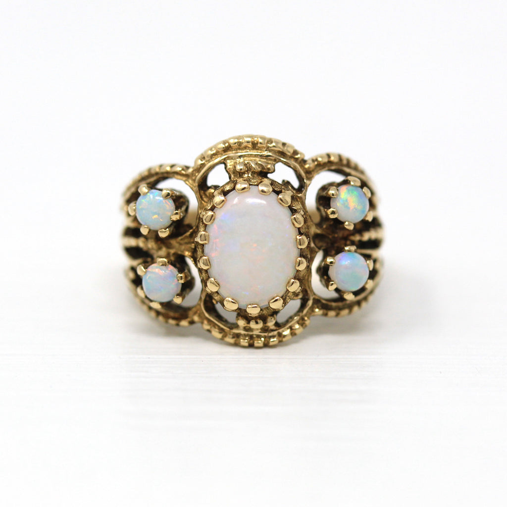 Genuine Opal Ring - Retro 14k Yellow Gold Genuine 1.13 CTW Gemstones - Vintage Circa 1970s Era Size 6 Rope Filigree Design Fine 70s Jewelry