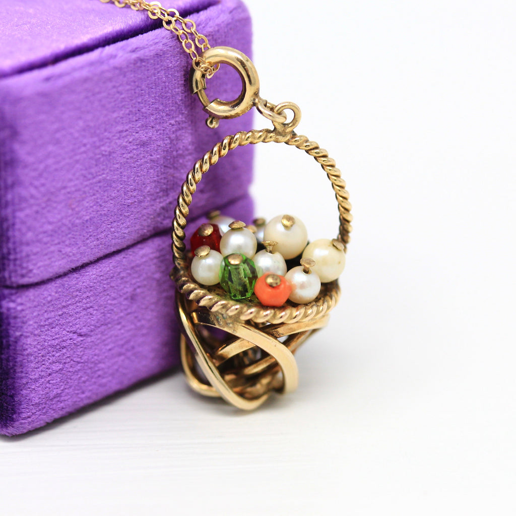 Vintage Basket Charm - Retro 12k Gold Filled Cultured Pearls Colorful Beads Flowers - Circa 1960s Era Simulated Gemstones Figural Jewelry
