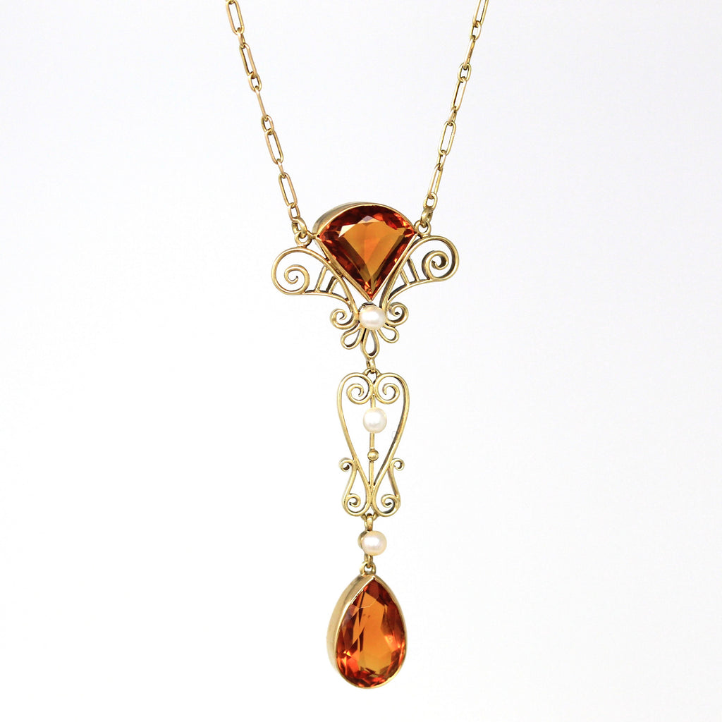 Antique Lavalier Necklace - Edwardian Era 14k Yellow Gold Genuine Citrine & Pearl Gems - Vintage Circa 1910s Statement Fine Filigree Jewelry