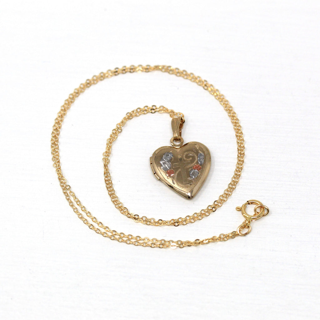 Sale - Cross Heart Locket - Modern 14k Yellow Gold Rose Gold Flowers Pendant Necklace - Estate Circa 2000's Photograph Keepsake Fine Jewelry