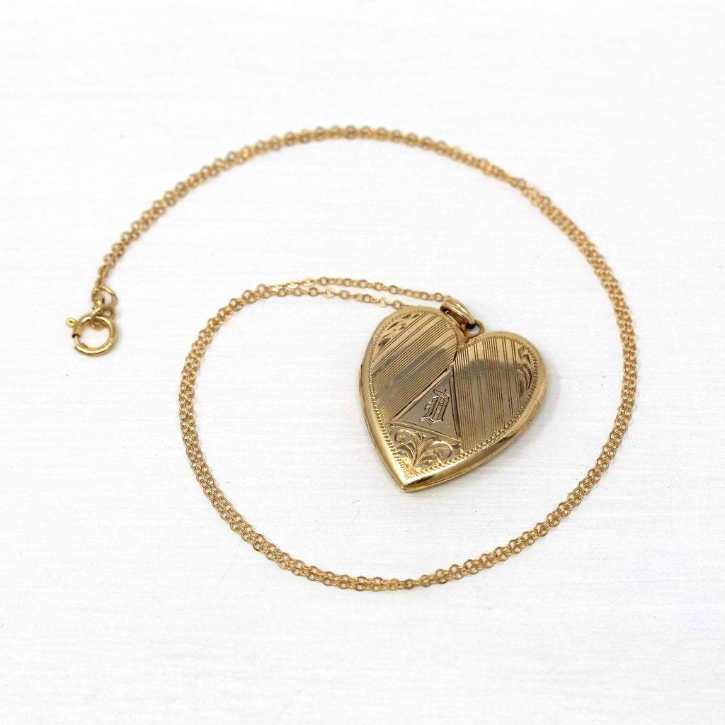 Letter "D" Locket - Retro 10k Yellow Gold Heart Shaped Pendant Necklace - Vintage Circa 1940s Era Fine Keepsake Photo Esemco 40s Jewelry
