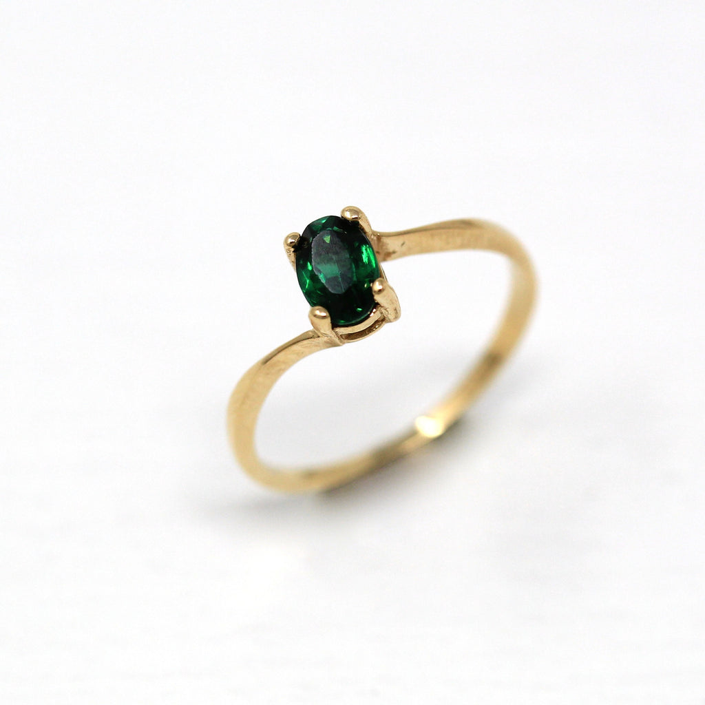 Created Spinel Ring - Retro 14k Yellow Gold Oval Faceted .49 CT Dark Green Stone - Vintage Circa 1960s Size 5 Solitaire Bypass Fine Jewelry