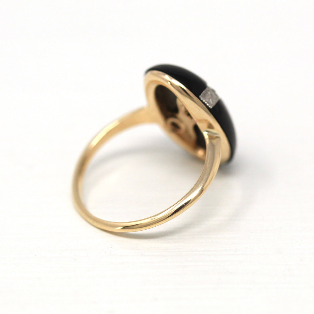 Sale - Onyx & Diamond Ring - Retro 10k Yellow Gold Cabochon Cut Genuine Black Gem - Vintage Circa 1960s Size 4 1/4 Statement Esemco Jewelry