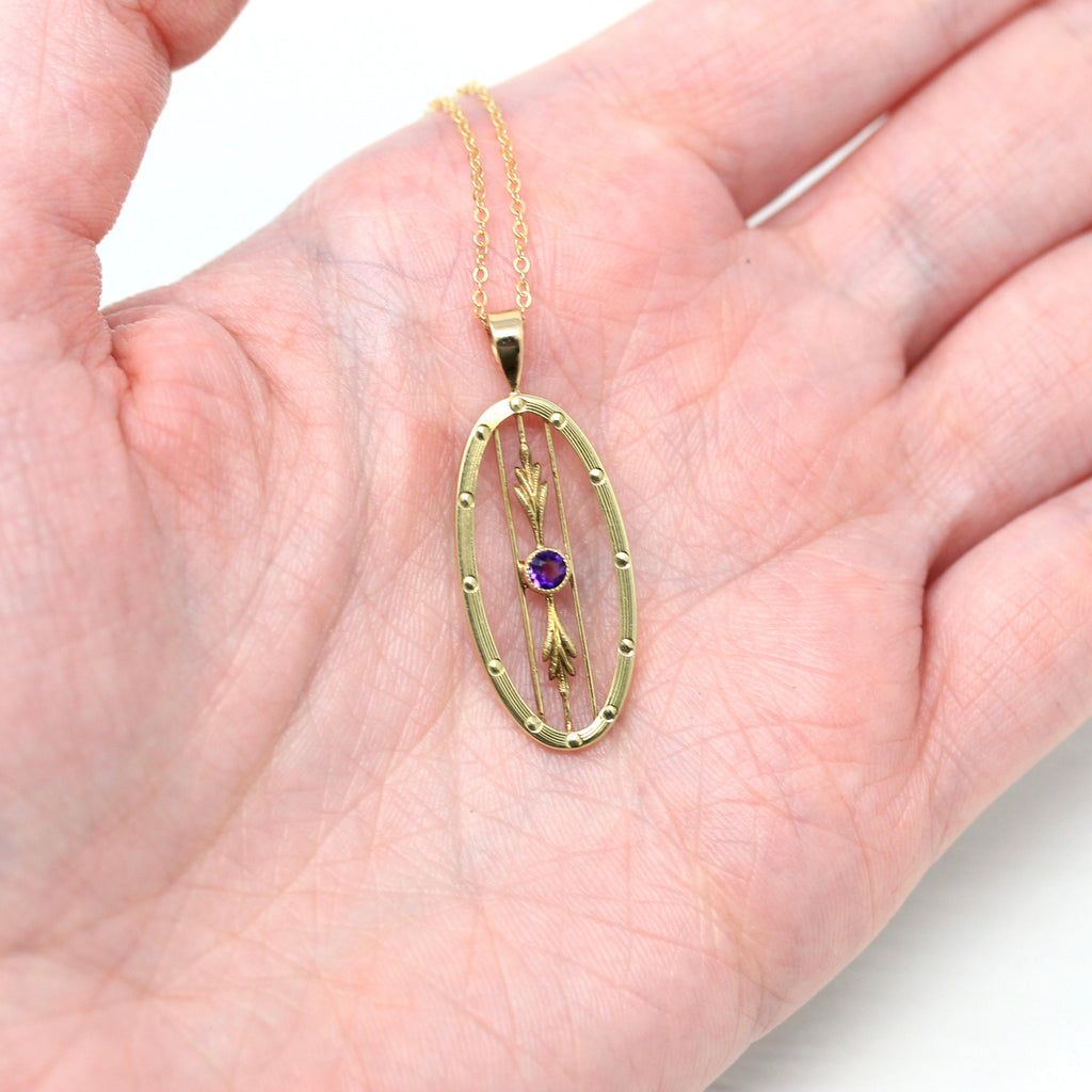 Sale - Antique Amethyst Necklace - Edwardian 14k Gold Genuine .08 CT Purple Gemstone Pendant - Circa 1910s Fine Conversion Statement Jewelry