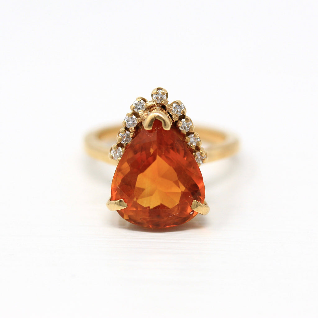 Citrine & Diamond Ring - Estate 14k Yellow Gold Pear Cut Faceted 5.84 CT Gem - Vintage Circa 1980s Size 7 1/2 November Birthstone Jewelry