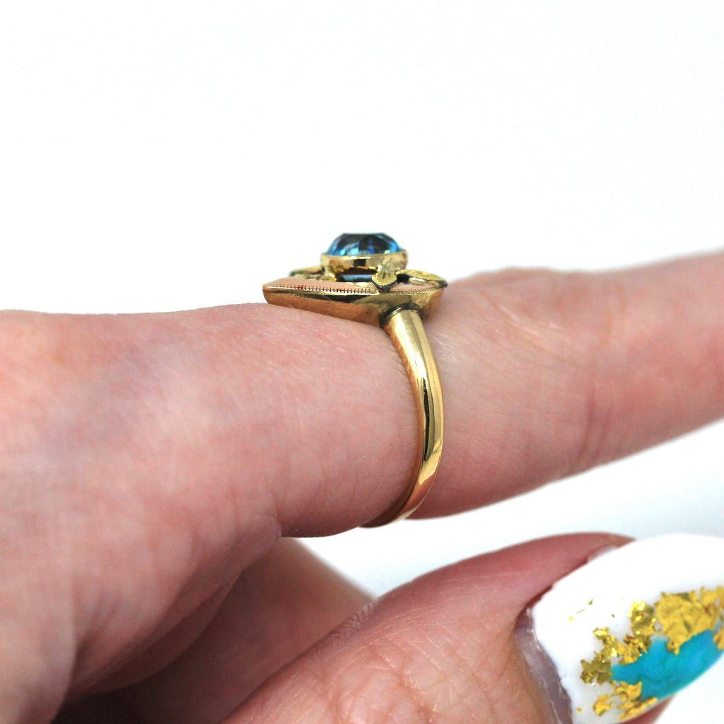 Genuine Zircon Ring - Retro 10k Rose & Yellow Gold Round Blue 1.35 CT Gemstone - Vintage Circa 1940s Era Size 5 Heart Fine 40s Gem Jewelry