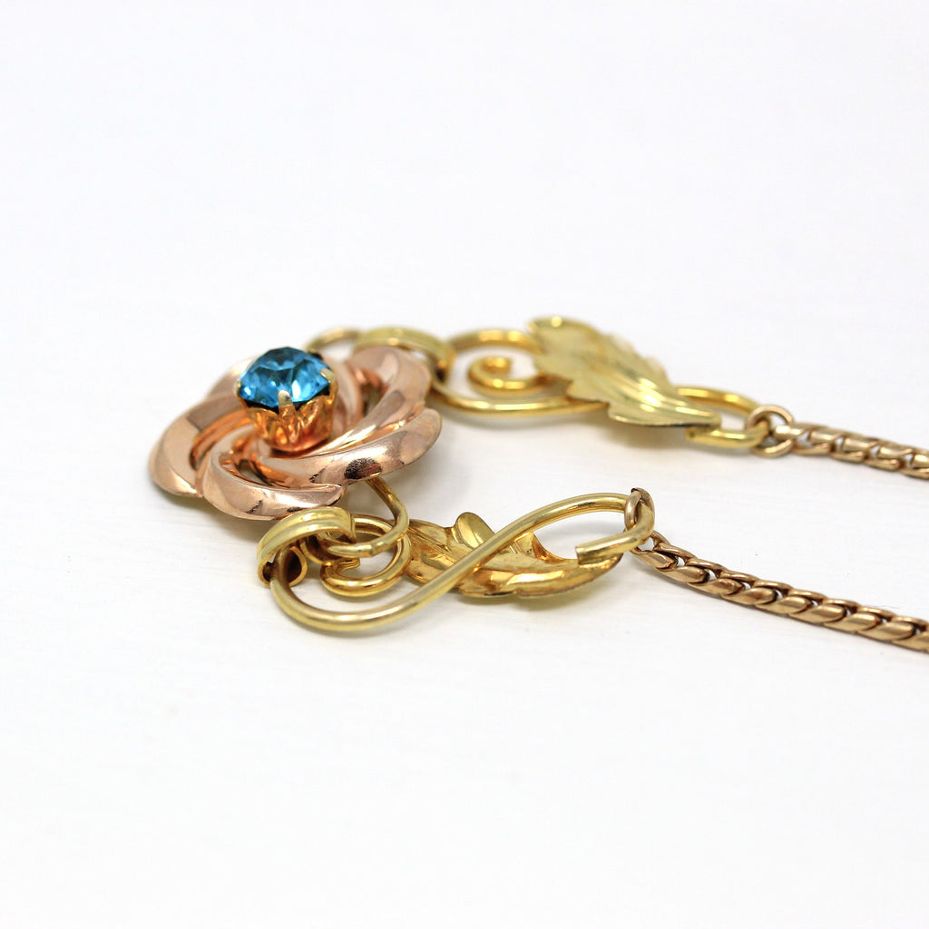 Van Dell Necklace - Vintage 12k Gold Filled Simulated Zircon Blue Glass Stone - Retro Circa 1940s Era 15 Inch Fashion Accessory 40s Jewelry