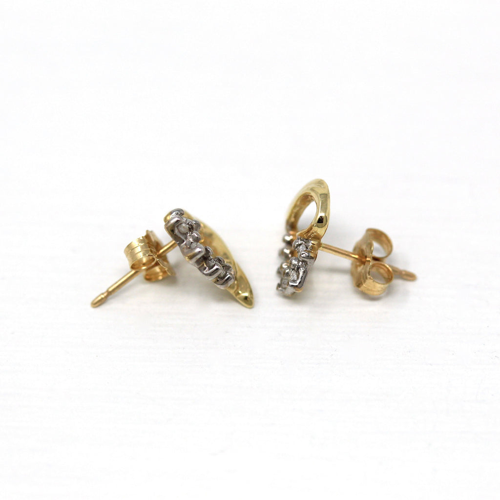 Genuine Diamond Earrings - Estate 10k Yellow & White Gold Heart Shaped Two Tone Studs - Modern 2000s Era Pierced Push Back Fine Y2K Jewelry