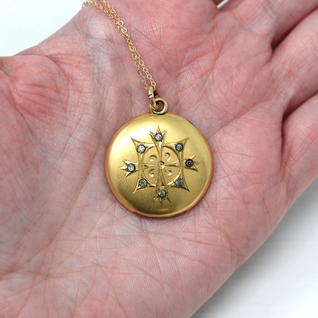 Antique Rhinestone Locket - Edwardian Gold Filled Round Engraved Pendant Necklace - Circa 1910s Era Photograph Keepsake Monogrammed Jewelry