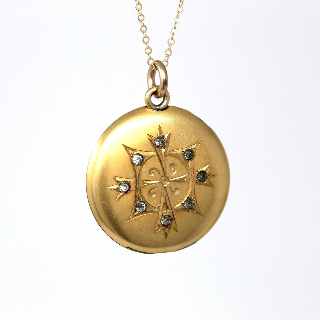 Antique Rhinestone Locket - Edwardian Gold Filled Round Engraved Pendant Necklace - Circa 1910s Era Photograph Keepsake Monogrammed Jewelry