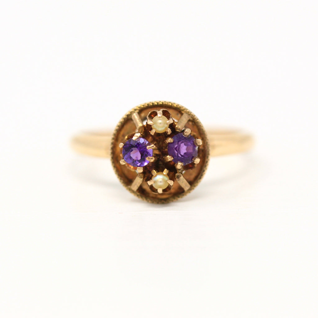 Sale - Genuine Amethyst Ring - Retro 10k Yellow Gold Round Faceted .21 CTW Purple Gem - Vintage Circa 1960s Era Size 6.75 Seed Pearl Jewelry
