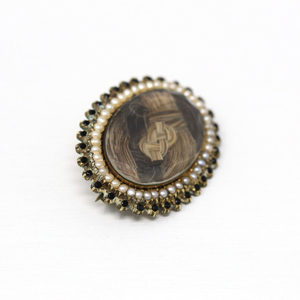 Sale - Antique Hair Brooch - Victorian 10k Yellow Gold Blonde Brown Woven Human Hair Lock Pin - Circa 1890s Seed Pearl & Black Glass Jewelry