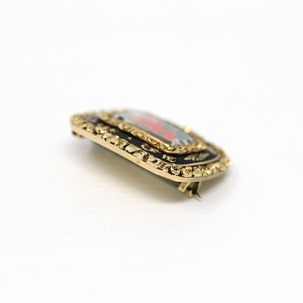 Sale - Georgian Mourning Brooch - Antique 14k Yellow Gold Black Enamel "In Memory Of" Pin - Dated February 12th 1822 Memorial Fabric Jewelry
