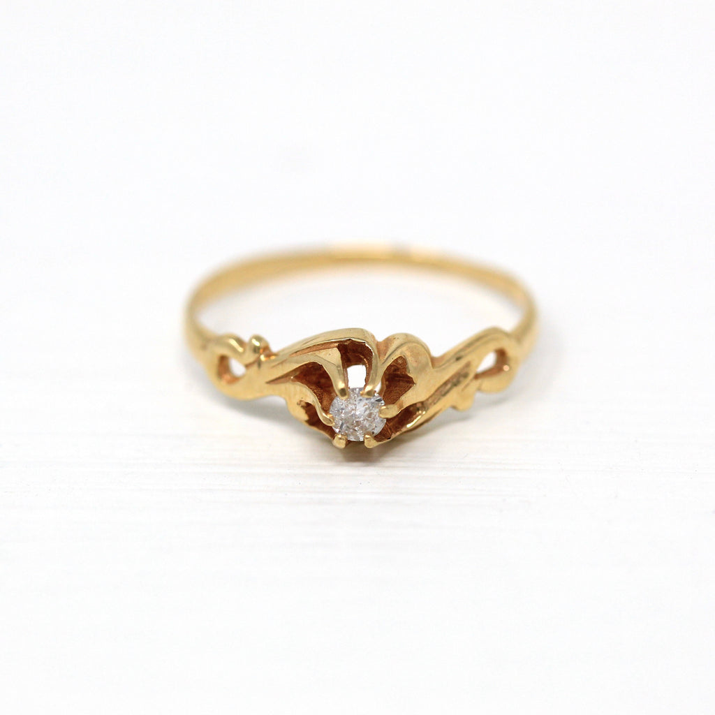 Genuine Diamond Ring - Retro 14k Yellow Gold Round Faceted .07 CT Gem - Vintage Circa 1970s Era Size 6 1/4 April Birthstone Fine 70s Jewelry