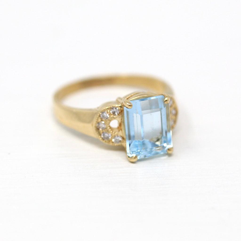 Genuine Aquamarine Ring - Modern 14k Yellow Gold Emerald Cut 2.82 CT Blue Gemstone - Estate Circa 2000's Era Size 7 1/4 Diamond Fine Jewelry