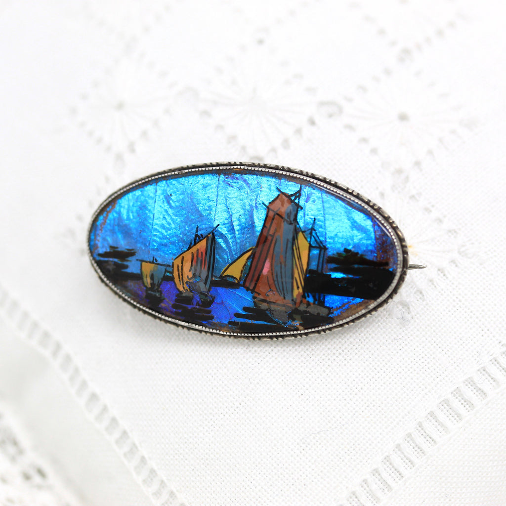 Sale - Morpho Butterfly Brooch - Art Deco Sterling Silver Reverse Painted Boats Bug Wing - Vintage Circa 1920s Thomas L Mott 925 Jewelry Pin