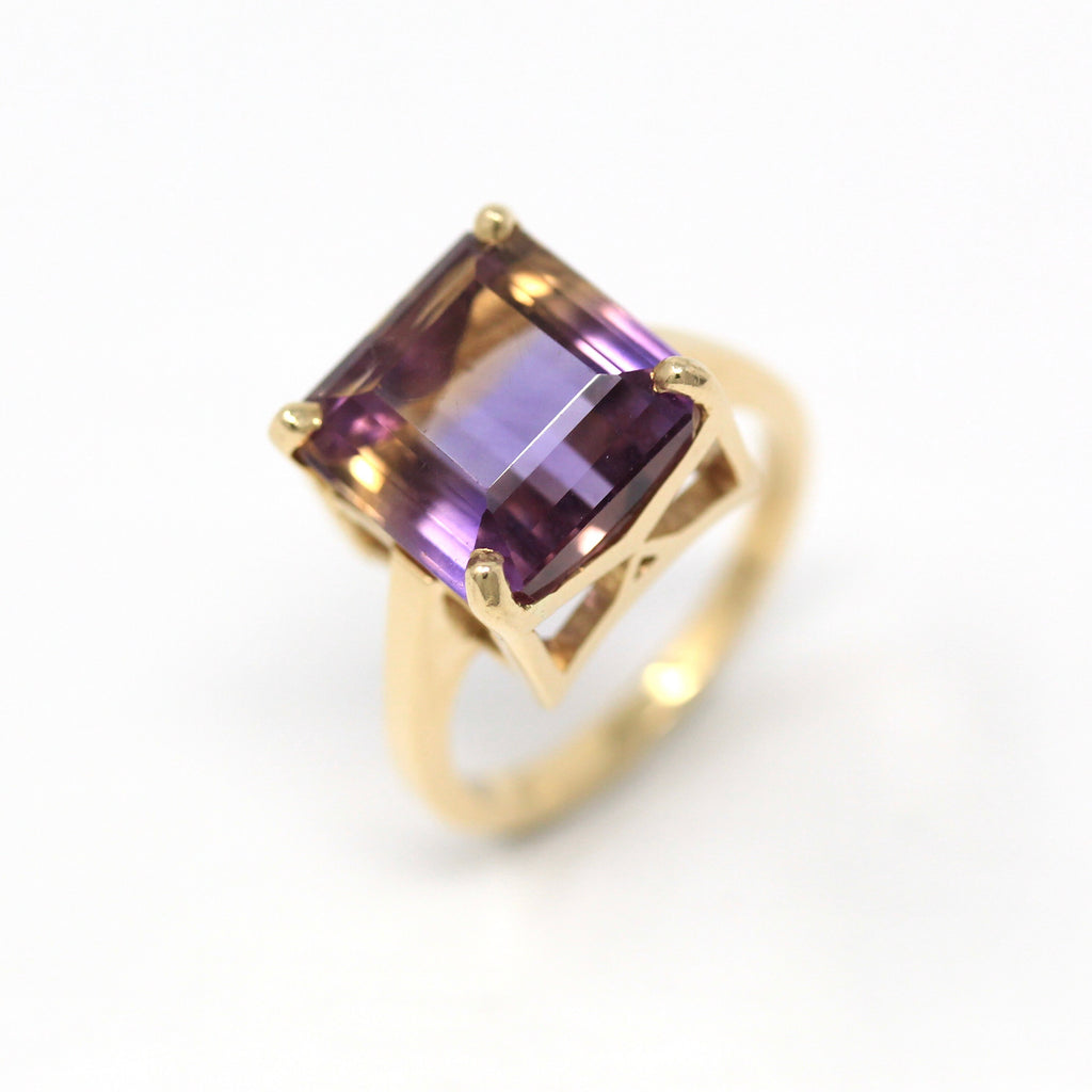 Sale - Genuine Ametrine Ring - 14k Yellow Gold Statement 9 CT Multi Color Gemstone - Modern 2000s Era Size 9 Yellow Purple Solitaire Jewelry