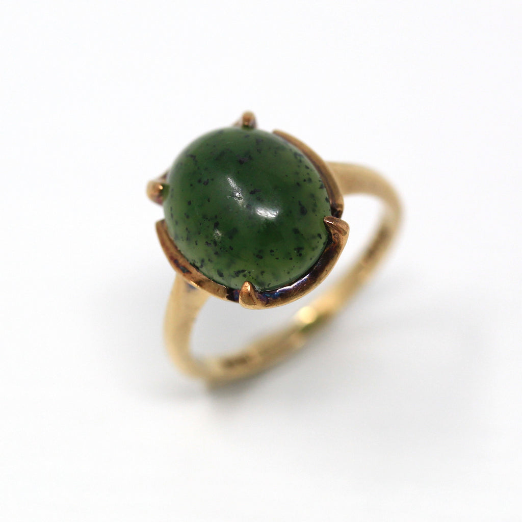 Nephrite Jade Ring - Retro 10k Yellow Gold Genuine Cabochon Cut 3.80 CT Gemstone - Vintage Circa 1960s Era Size 5 Statement Fine 60s Jewelry