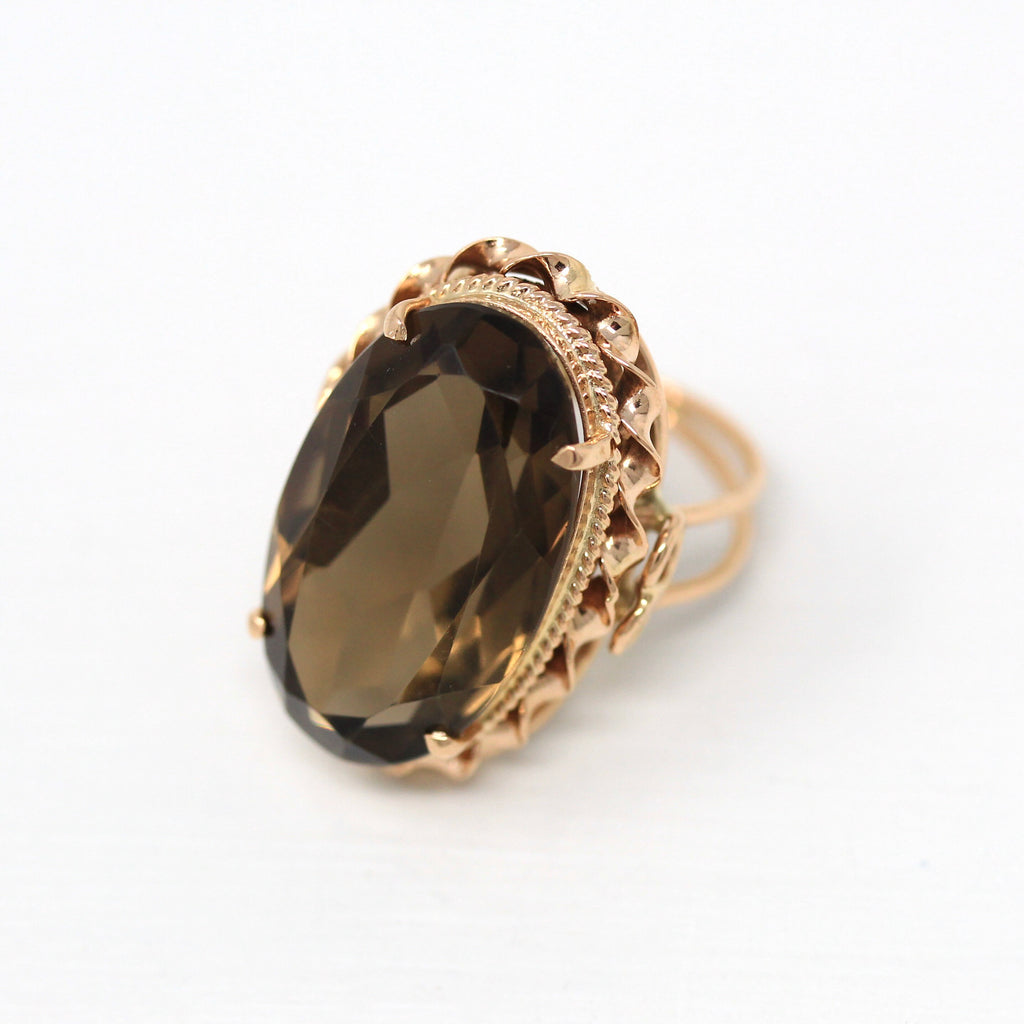 Smoky Quartz Ring - Retro 14k Rose Gold Genuine Oval Faceted 12.36 CT Brown Gemstone - Vintage Circa 1970s Era Size 5 1/4 Statement Jewelry