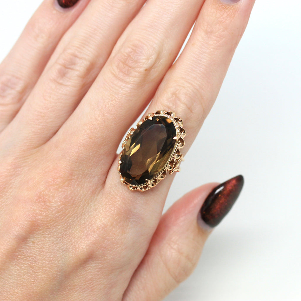 Sale - Smoky Quartz Ring - Retro 14k Rose Gold Genuine Oval Faceted 12.36 CT Brown Gem - Vintage Circa 1970s Size 5 1/4 Statement Jewelry