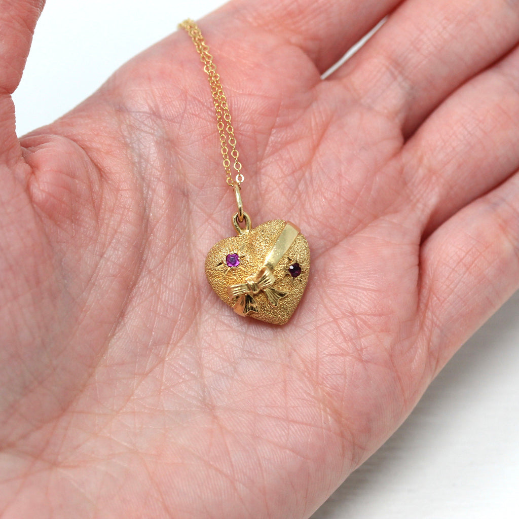 Puffy Heart Pendant - Estate 14k Yellow Gold Semi Hollow Charm Necklace - Vintage Circa 1980s Era Tied Bow Ribbon Love Gift Fine 80s Jewelry
