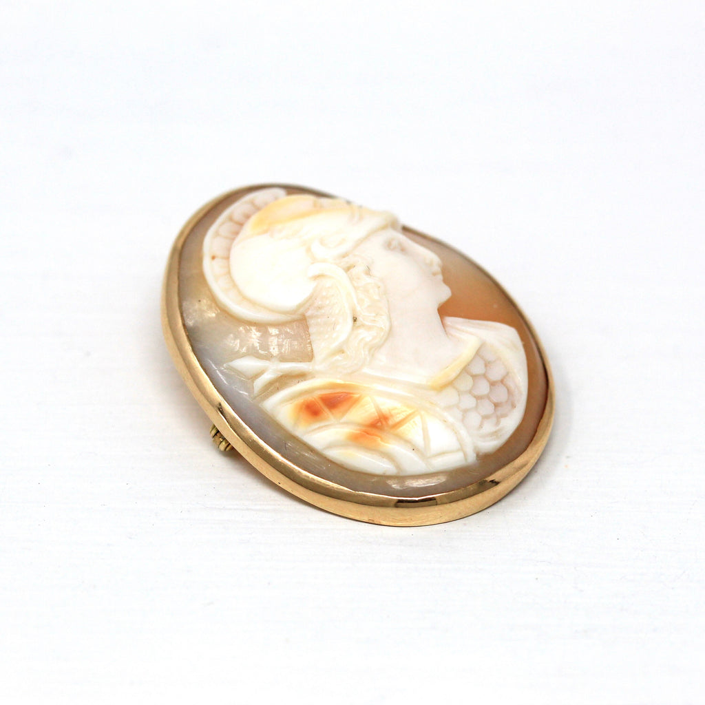 Antique Cameo Brooch - Edwardian 14k Yellow Gold Carved Shell Warrior Pin - Vintage Circa 1910s Era Statement Fashion Accessory Fine Jewelry