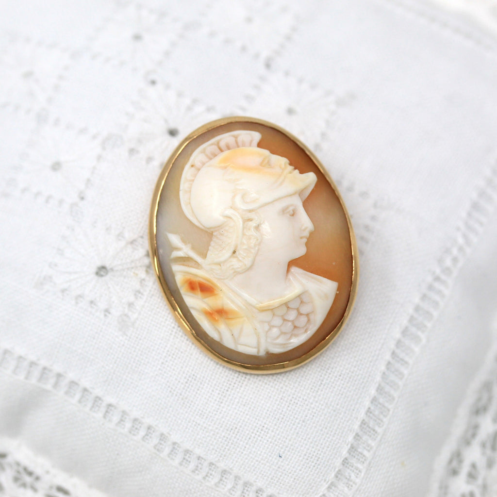 Sale - Antique Cameo Brooch - Edwardian 14k Yellow Gold Carved Shell Warrior Pin - Vintage Circa 1910s Era Fashion Accessory Fine Jewelry