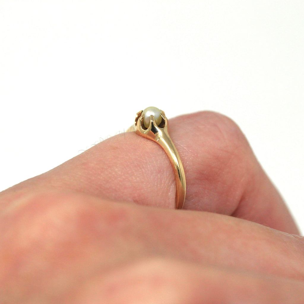 Cultured Pearl Ring - Edwardian 14k Yellow Gold Solitaire Belcher Style Setting - Antique Circa 1910s Era Size 4 1/4 June Birthstone Jewelry