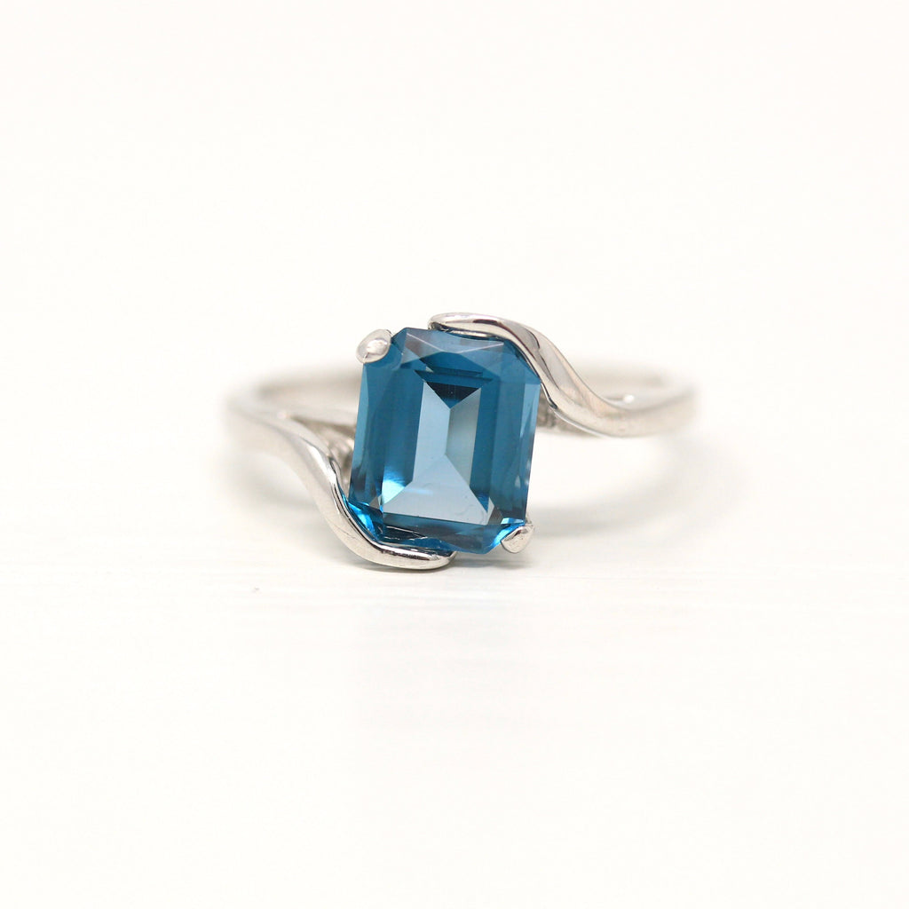 Sale - Created Spinel Ring - Mid Century 10k White Gold Emerald Cut Faceted 1.94 CT Blue Stone - Vintage Circa 1950s Size 5 Bypass Jewelry