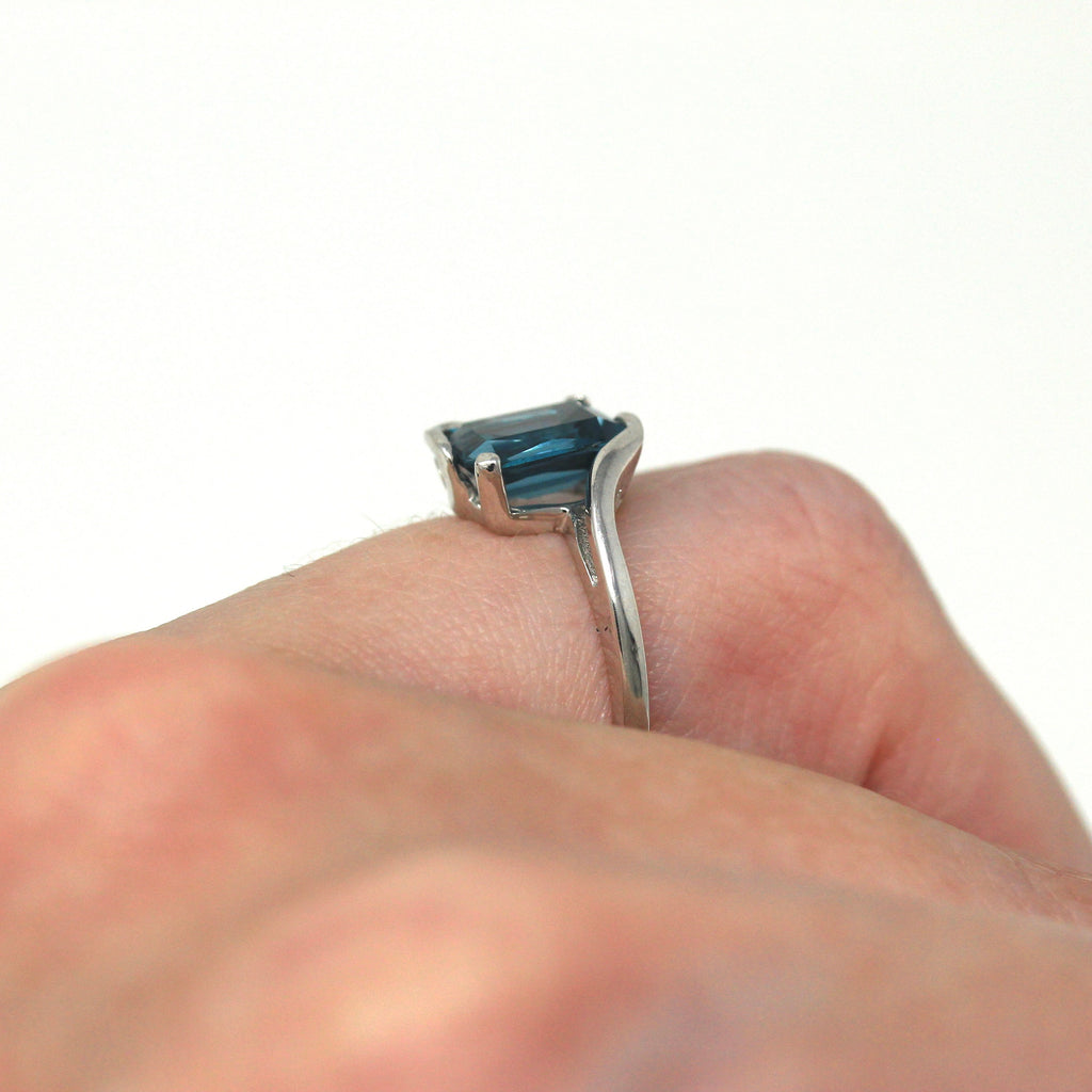 Sale - Created Spinel Ring - Mid Century 10k White Gold Emerald Cut Faceted 1.94 CT Blue Stone - Vintage Circa 1950s Size 5 Bypass Jewelry