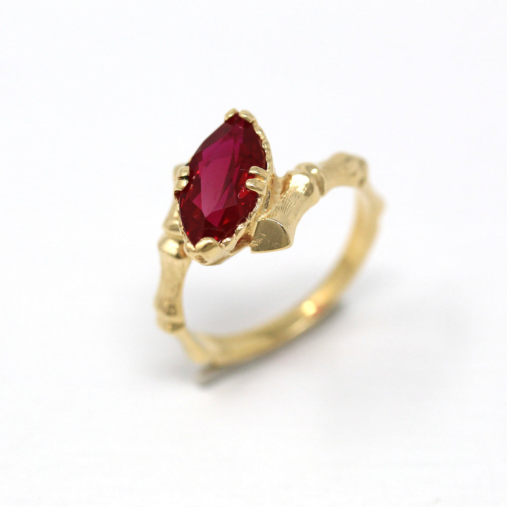 Created Ruby Ring - Retro 14k Yellow Gold Marquise Cut Stone Bamboo Branch - Vintage Circa 1970s Era Size 7 1/4 July Birthstone Fine Jewelry