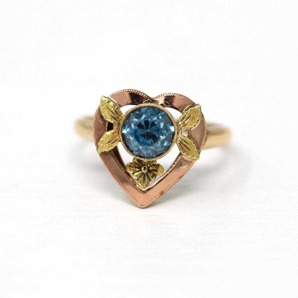Genuine Zircon Ring - Retro 10k Rose & Yellow Gold Round Blue 1.35 CT Gemstone - Vintage Circa 1940s Era Size 5 Heart Fine 40s Gem Jewelry