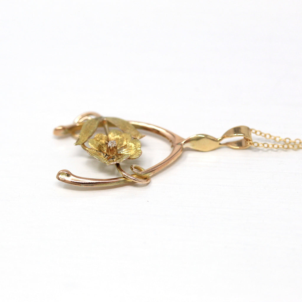 Sale - Antique Wishbone Pendant - Edwardian 10k Rose & Yellow Gold Conversion Necklace - Vintage 1910s Era Diamond Flower Good Luck Jewelry