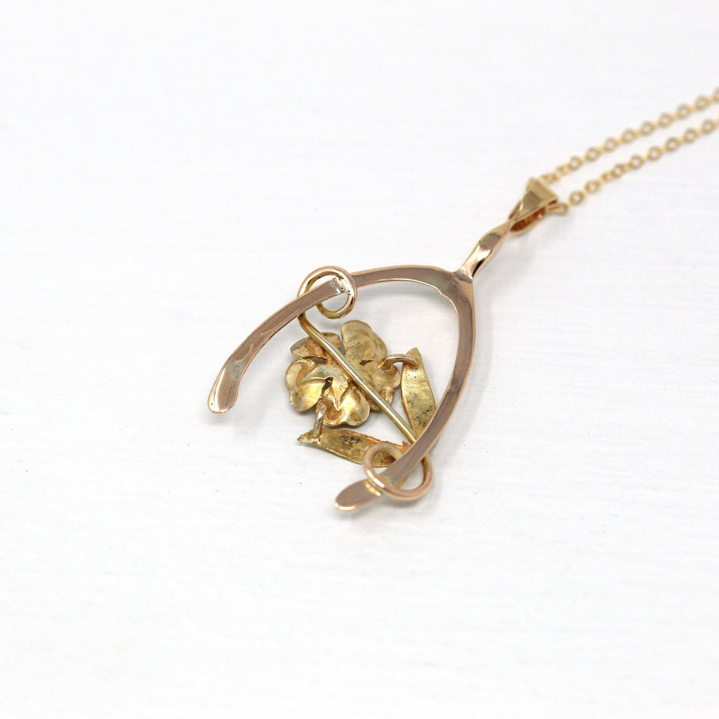Sale - Antique Wishbone Pendant - Edwardian 10k Rose & Yellow Gold Conversion Necklace - Vintage 1910s Era Diamond Flower Good Luck Jewelry
