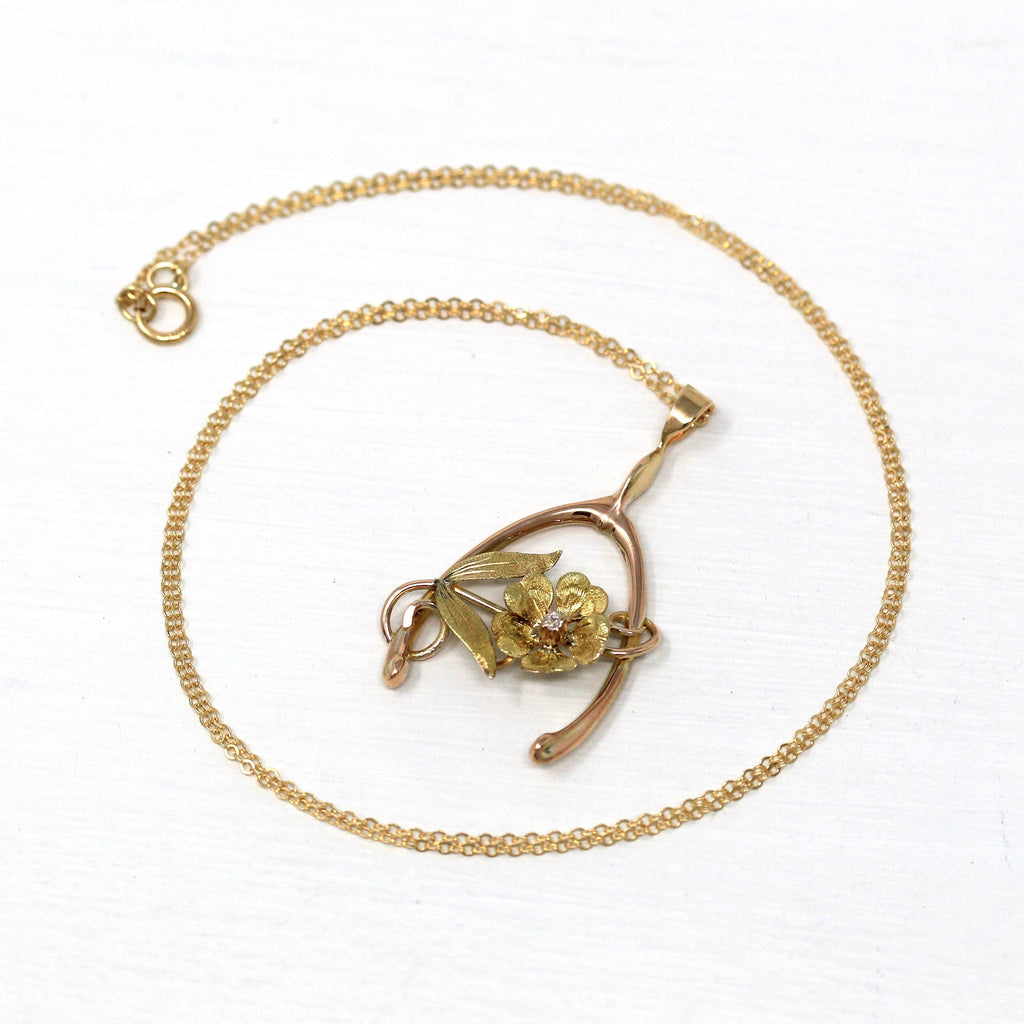 Antique Wishbone Pendant - Edwardian 10k Rose & Yellow Gold Conversion Necklace - Vintage Circa 1910s Era Diamond Flower Good Luck Jewelry