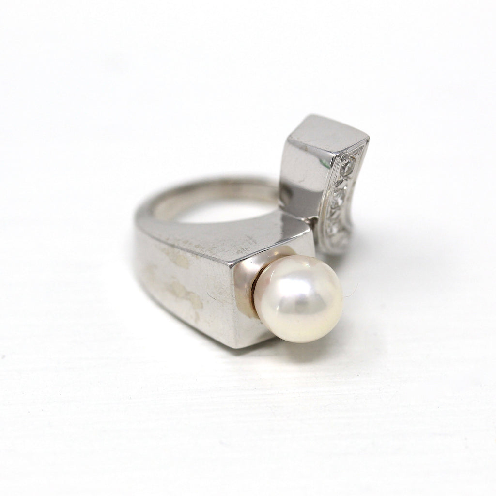 Sale - Mid Century Ring - Vintage 14k White Gold Cultured Pearl Genuine .12 CTW Diamond - 1950s Era Size 2 June Birthstone Modernist Jewelry