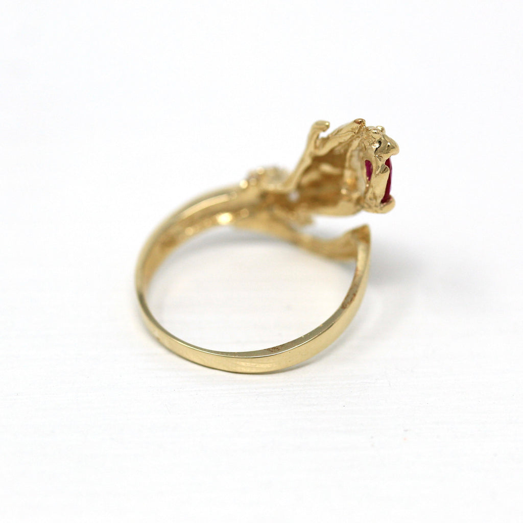 Estate Hand Ring - Modern 14k Yellow Gold Victorian Style Holding Created Ruby - Circa 2000's Era Size 6 Fine Symbolic Figural Y2K Jewelry