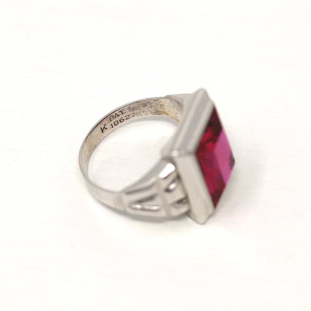 Sale - Created Ruby Ring - Art Deco 10k White Gold Rectangular Faceted 6.46 CT Pink Stone - Vintage 1930s Era Size 6 July Birthstone Jewelry