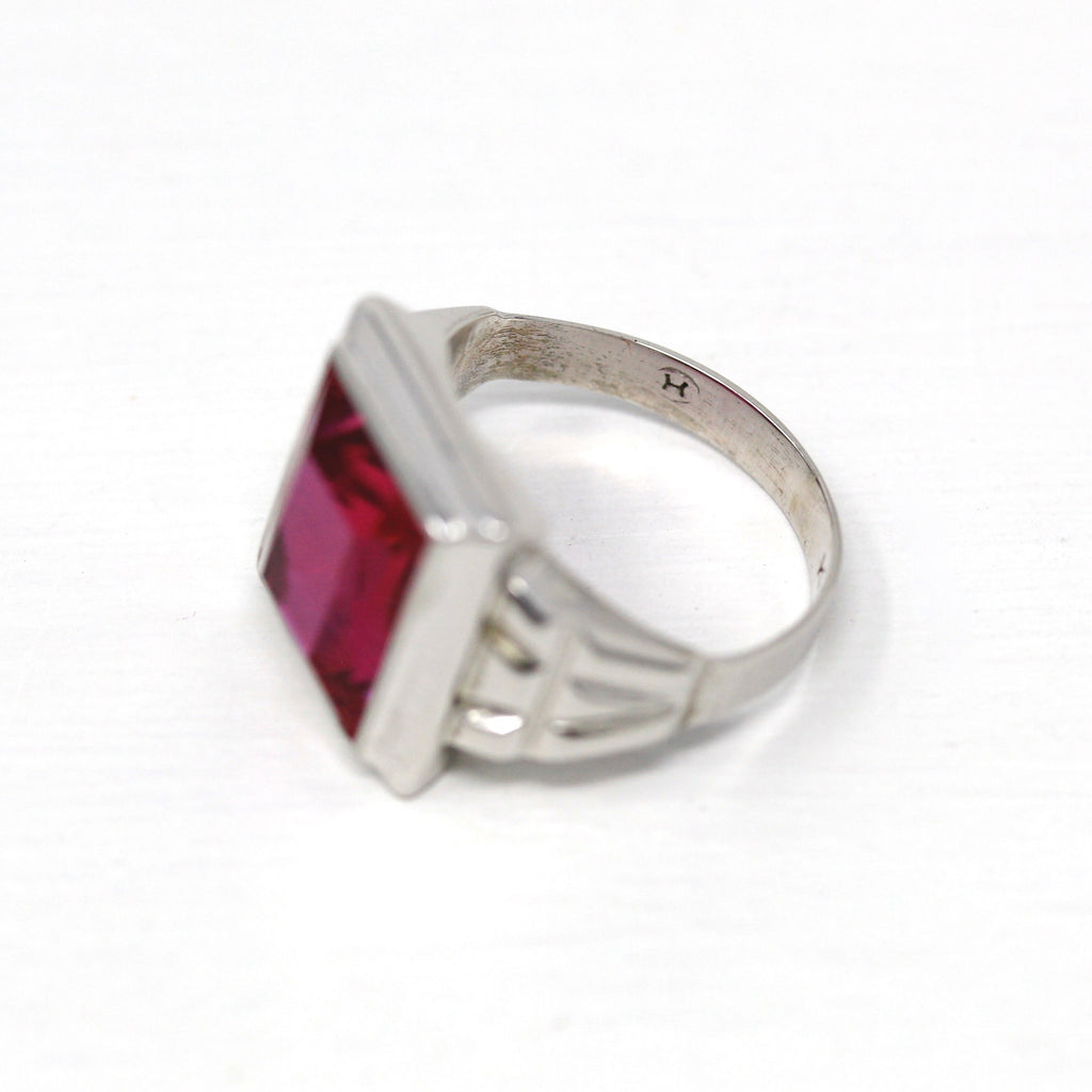 Created Ruby Ring - Art Deco 10k White Gold Rectangular Faceted 6.46 CT Pink Stone - Vintage Circa 1930s Era Size 6 July Birthstone Jewelry