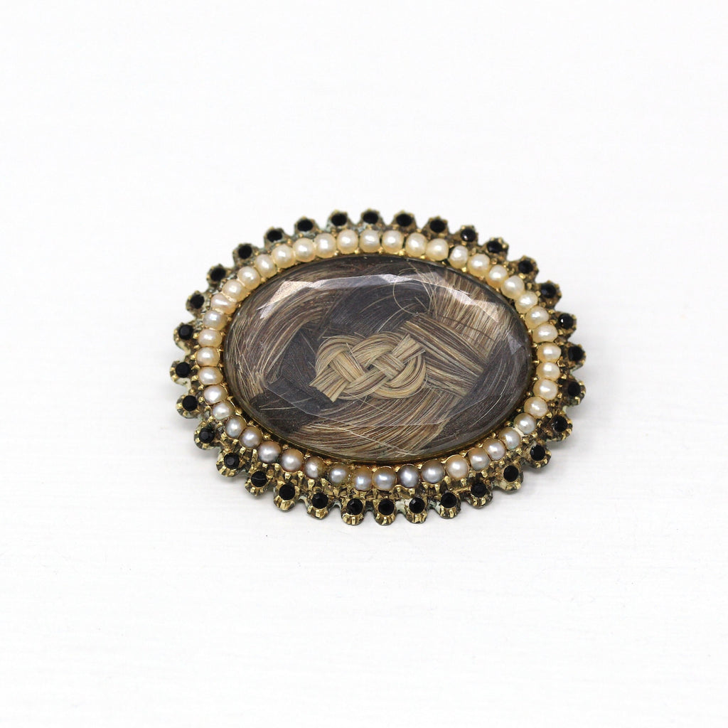 Sale - Antique Hair Brooch - Victorian 10k Yellow Gold Blonde Brown Woven Human Hair Lock Pin - Circa 1890s Seed Pearl & Black Glass Jewelry