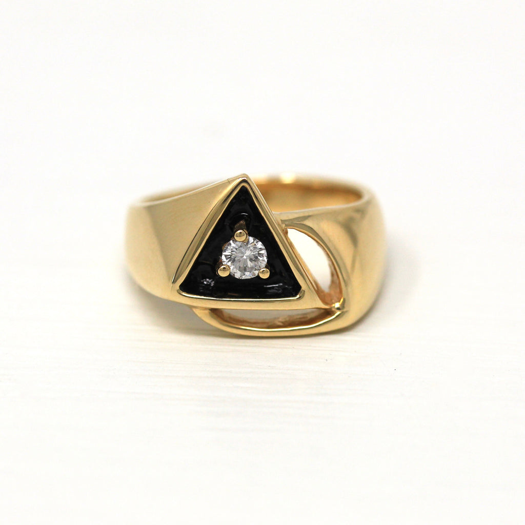 Genuine Diamond Ring - Estate 10k Yellow Gold .14 CT Gemstone - Vintage Circa 1980s Era Size 6 Unisex Triangle Statement Fine 80s Jewelry