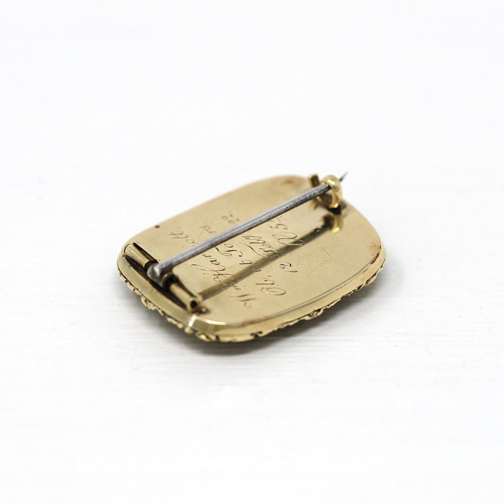 Georgian Mourning Brooch - Antique 14k Yellow Gold Black Enamel "In Memory Of"- Dated February 12th 1822 Engraved Memorial Fabric Jewelry