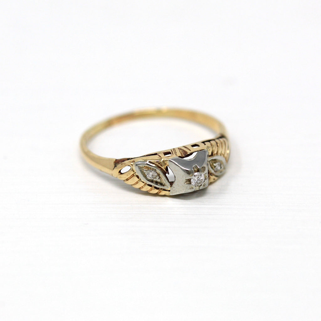 Sale - Vintage Diamond Ring - Retro 18k Yellow & White Gold Genuine .05 CTW Gem - Circa 1940s Size 7 3/4 Two Tone Engagement Fine Jewelry