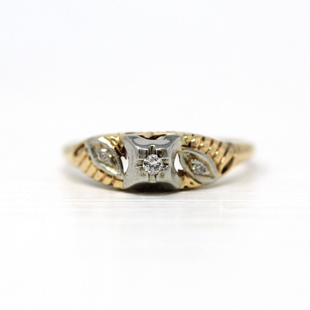 Vintage Diamond Ring - Retro 18k Yellow & White Gold Genuine .05 CTW Gemstone - Circa 1940s Size 7 3/4 Two Tone Engagement Fine Jewelry