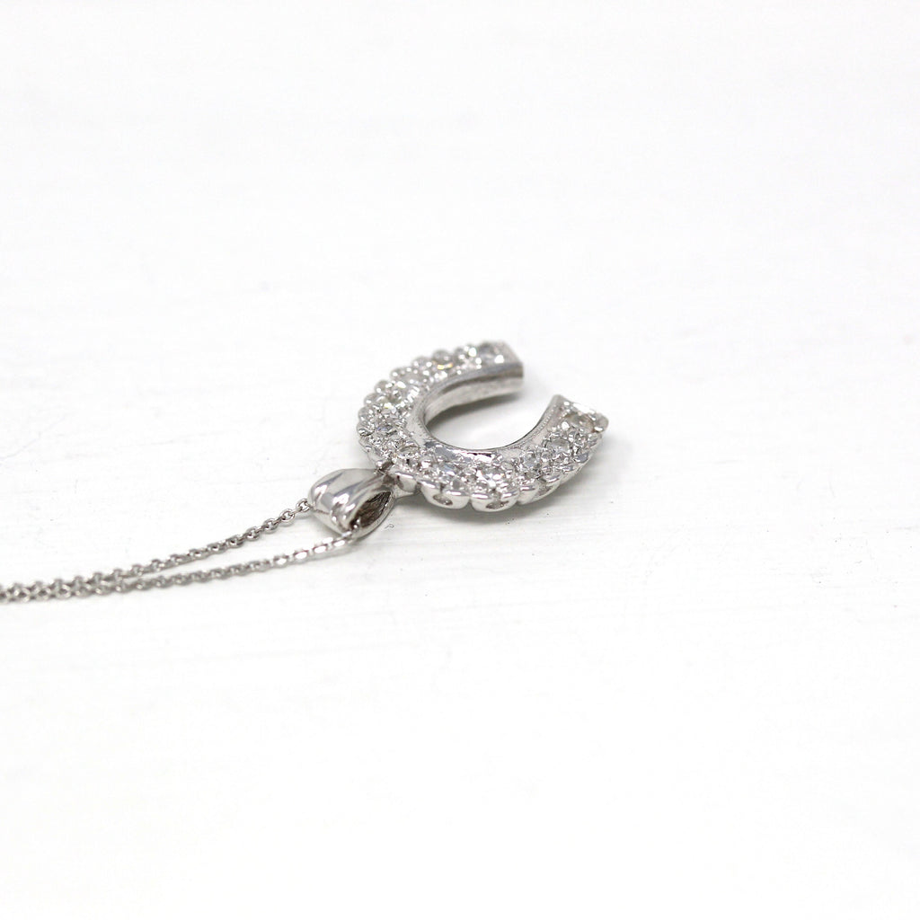 Sale - Diamond Horseshoe Pendant - Mid Century 14k White Gold Genuine .22 CTW Necklace - Vintage Circa 1950s Good Luck Equestrian Jewelry