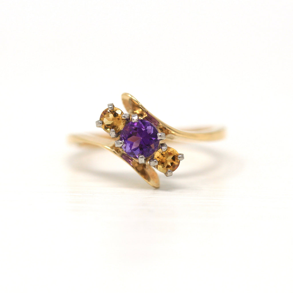 Amethyst & Citrine Ring - Retro 14k Yellow Gold Genuine Purple Yellow Gemstones - Vintage Circa 1960s Era Size 6 February Birthstone Jewelry