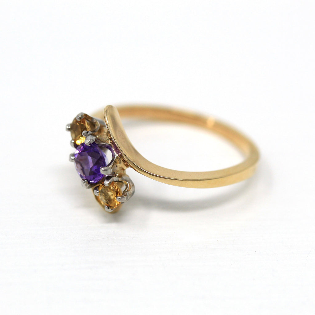 Amethyst & Citrine Ring - Retro 14k Yellow Gold Genuine Purple Yellow Gemstones - Vintage Circa 1960s Era Size 6 February Birthstone Jewelry