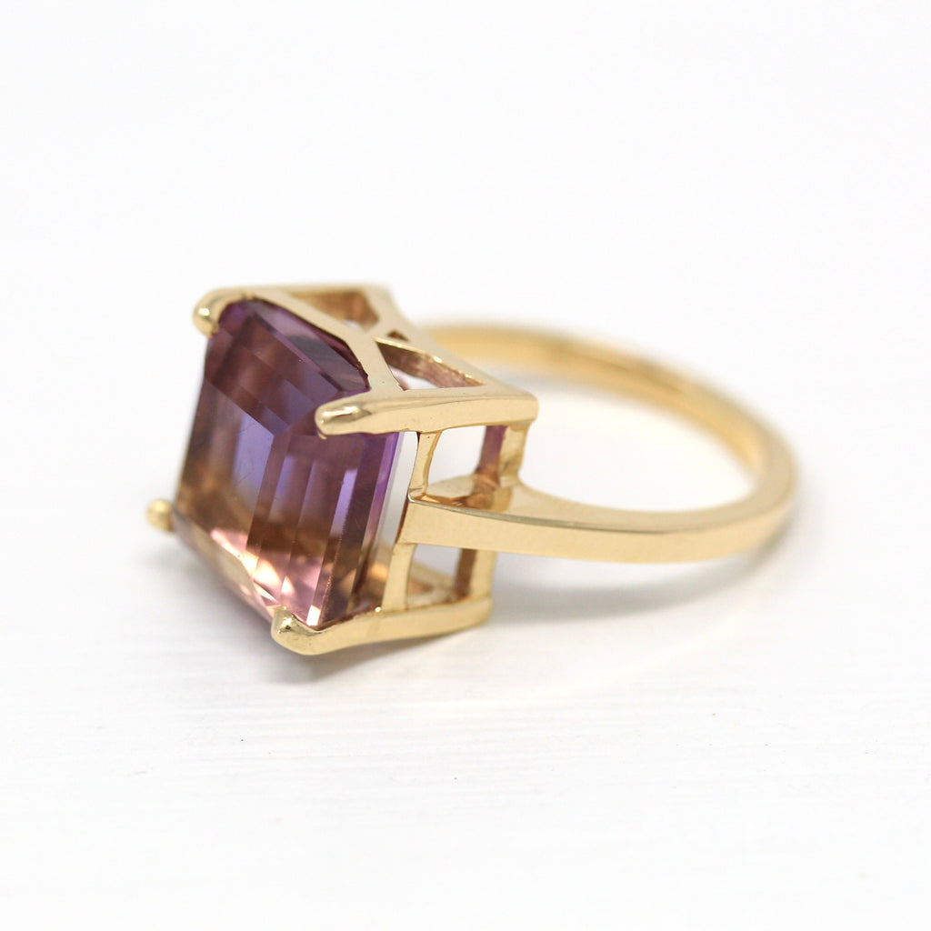 Sale - Genuine Ametrine Ring - 14k Yellow Gold Statement 9 CT Multi Color Gemstone - Modern 2000s Era Size 9 Yellow Purple Solitaire Jewelry